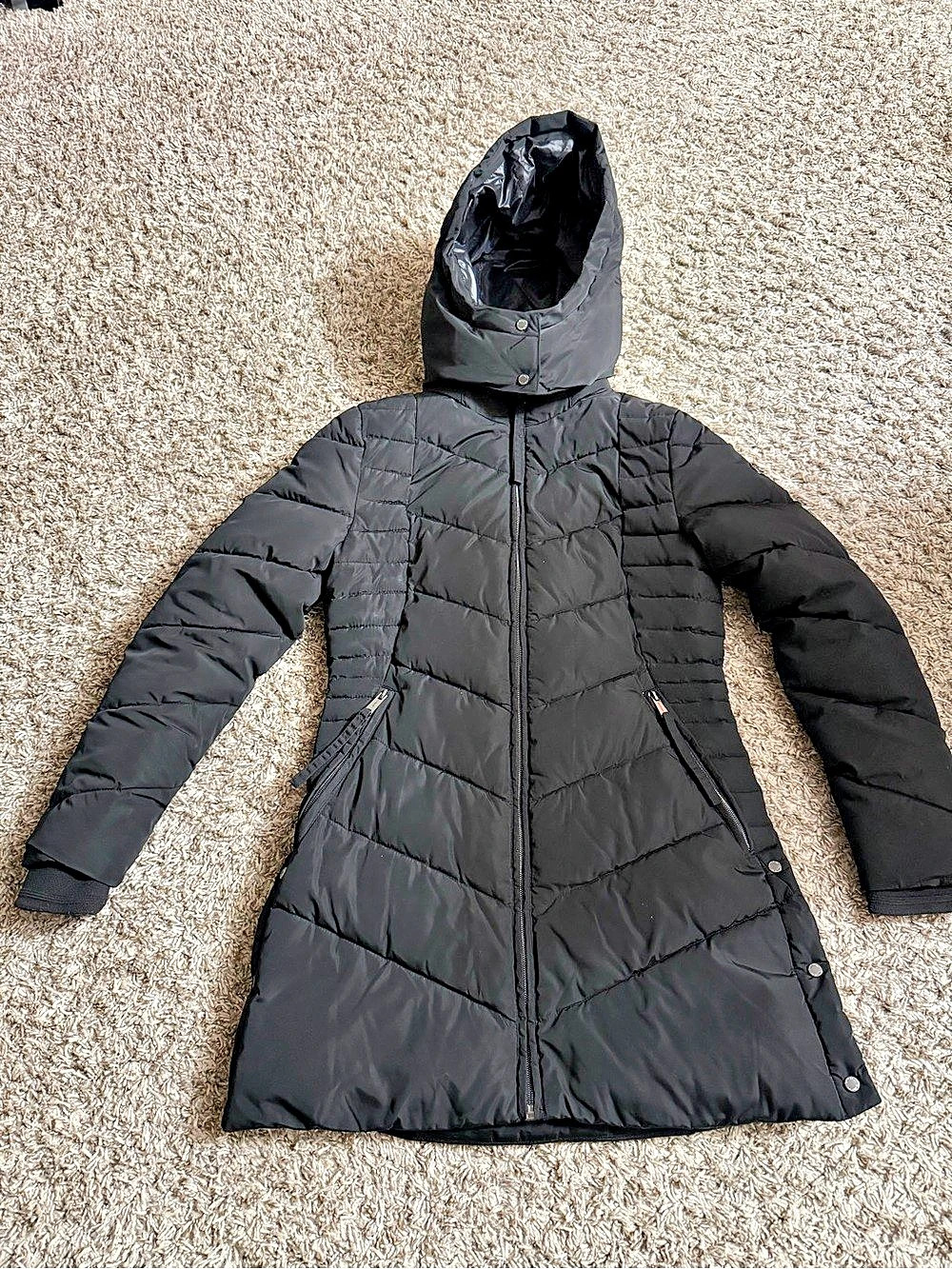 Women’s Calvin Klein Long Hooded Puffer Coat in Black
